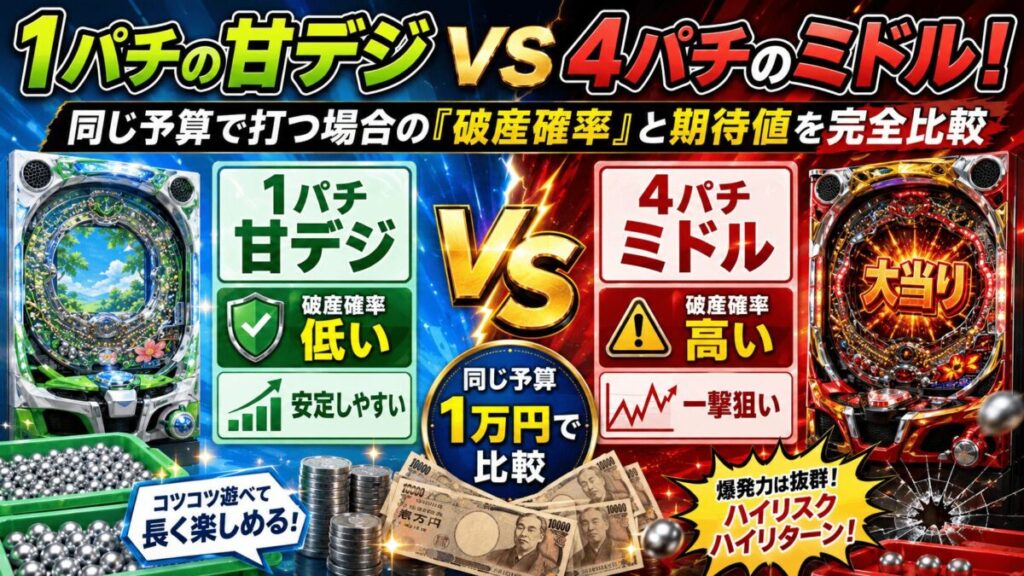 1パチの甘デジvs4パチのミドル！同じ予算で打つ場合の「破産確率」と期待値の完全比較