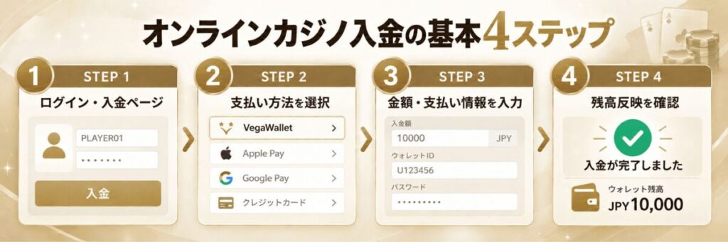 オンラインカジノ入金方法の基本4ステップ